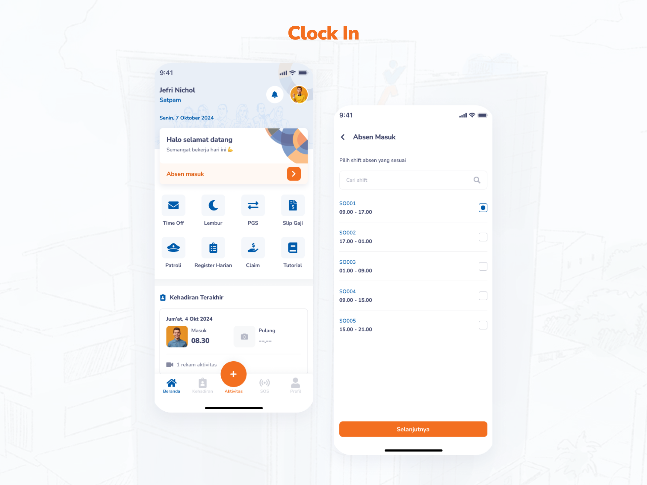 V2 mobile Clock In screen