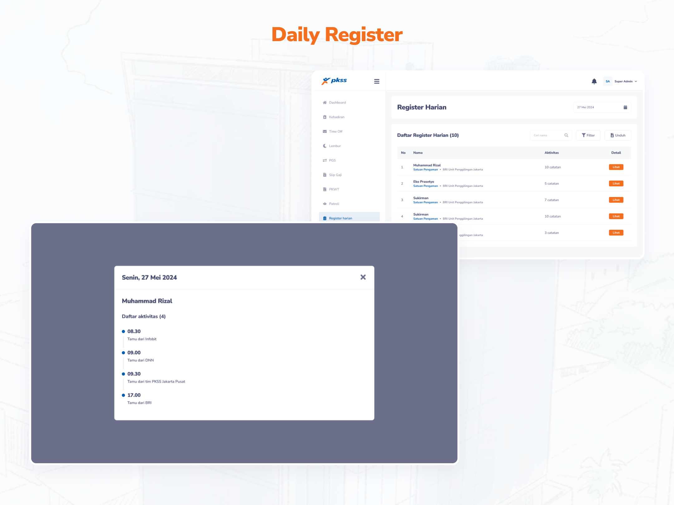 V2 website Daily Register screen