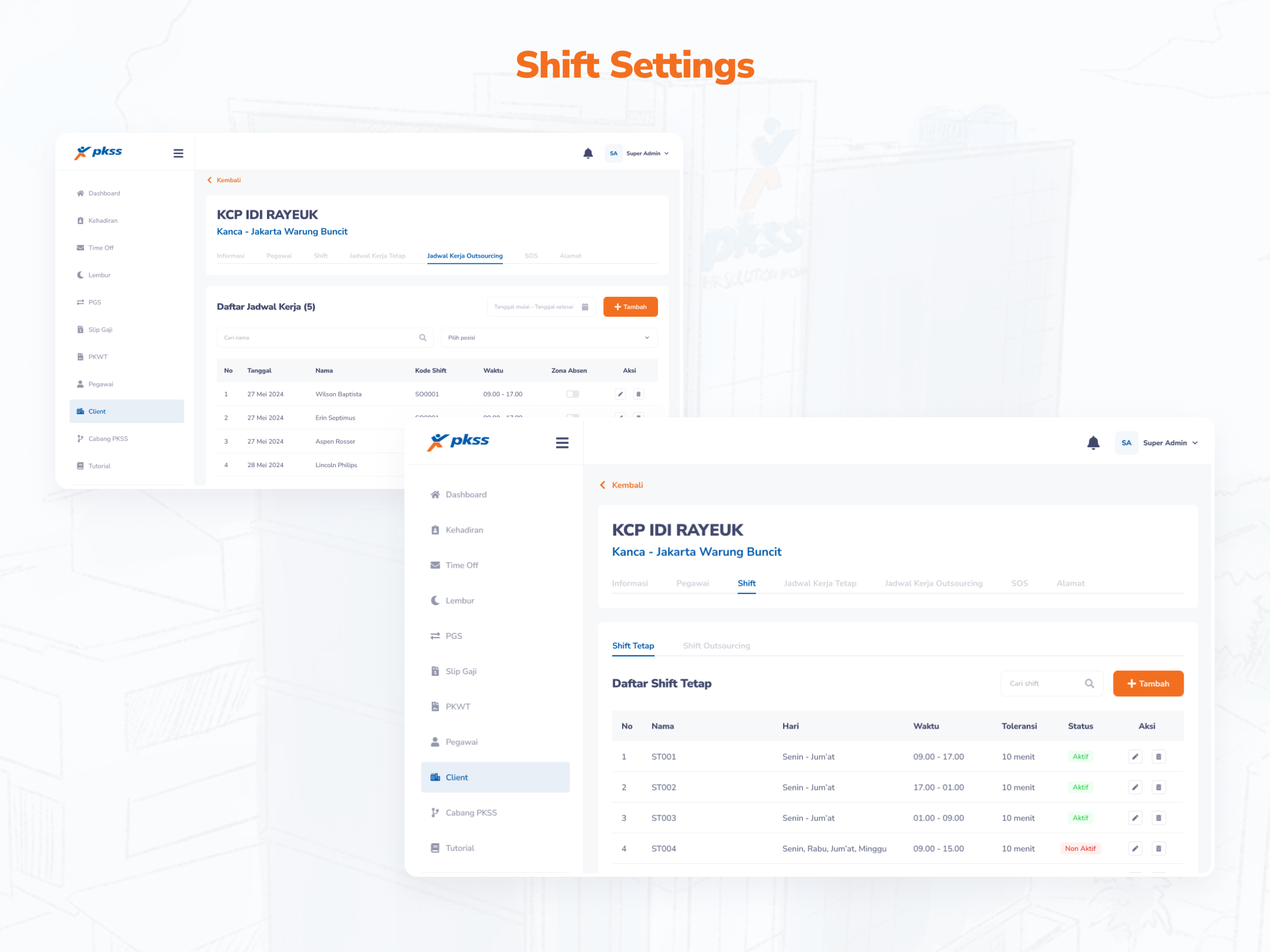 V2 website Shift Settings screen