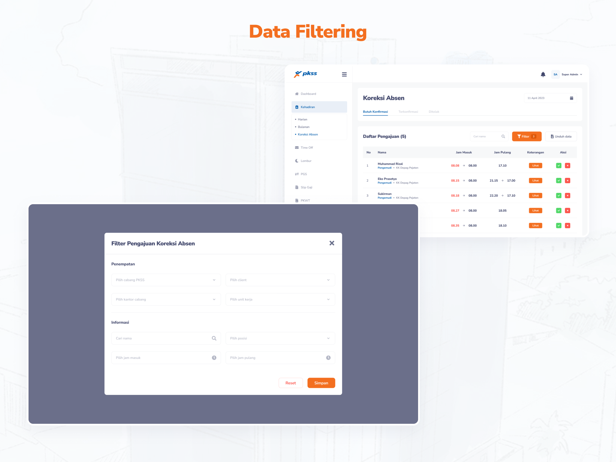 V2 website Data Filtering screen