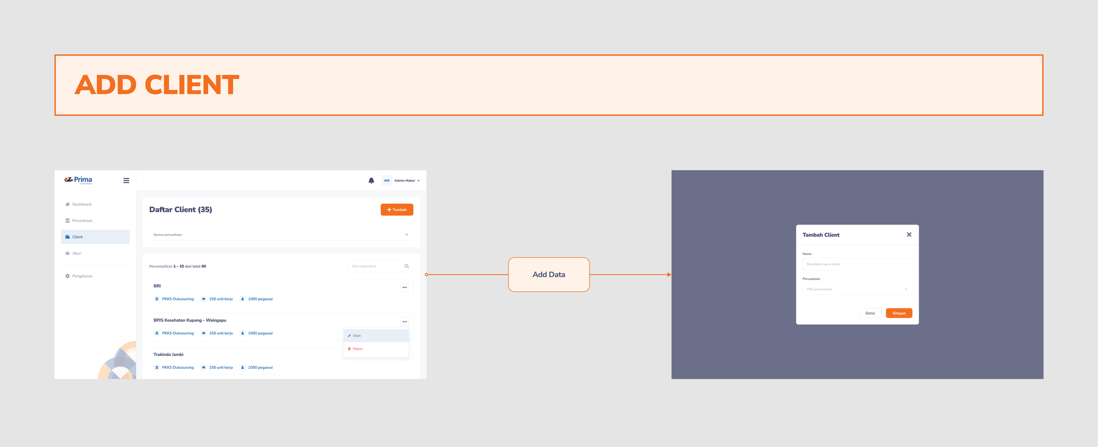 Admin Maker step-by-step wizard flow — add client