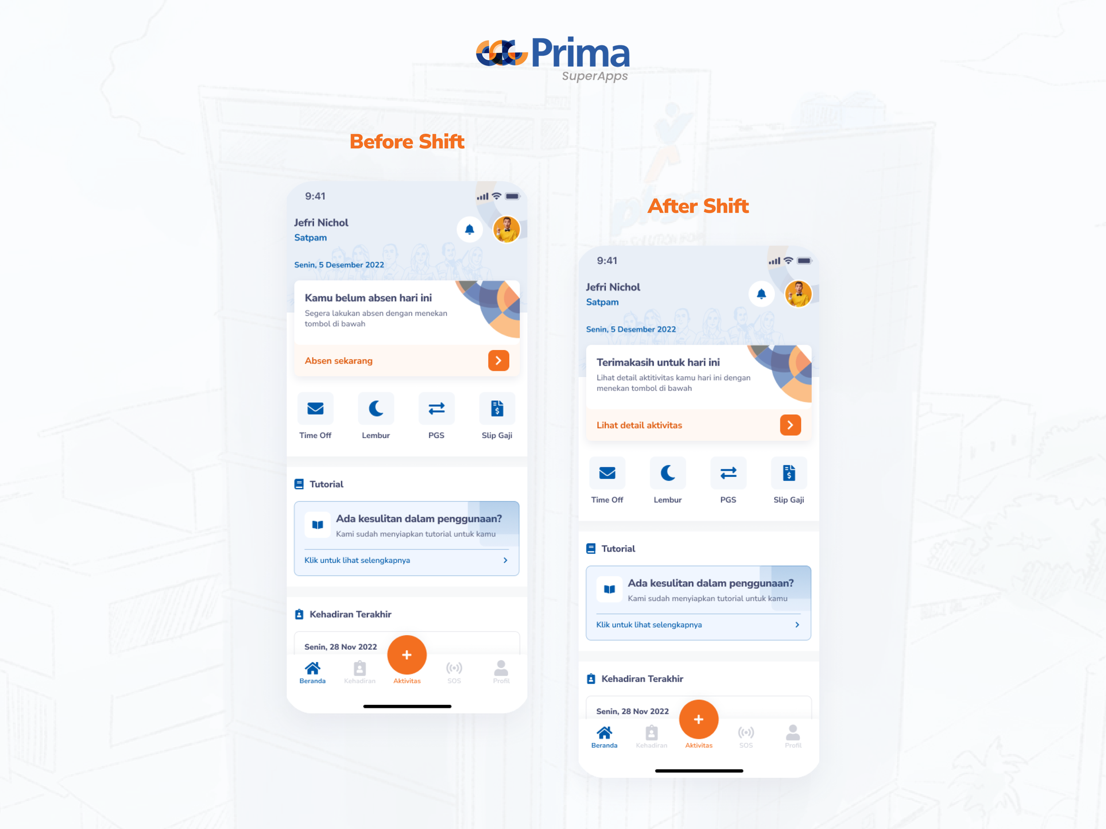 V1 home screen — before shift and after shift