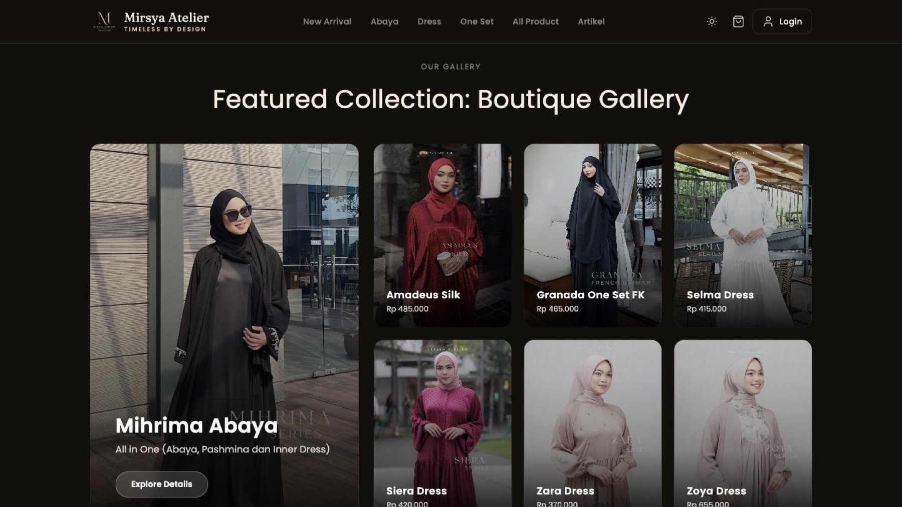 The Mirsya Atelier storefront — a featured collection grid of product cards.