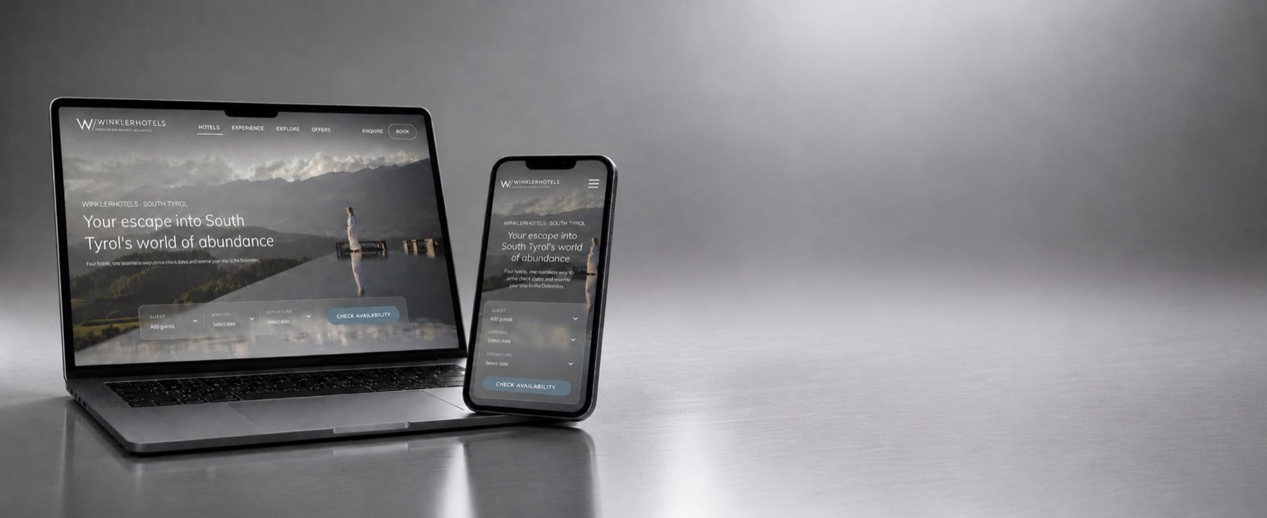 The finished Winkler Hotels landing page on a laptop and a phone side by side, both open on the hero with its booking widget