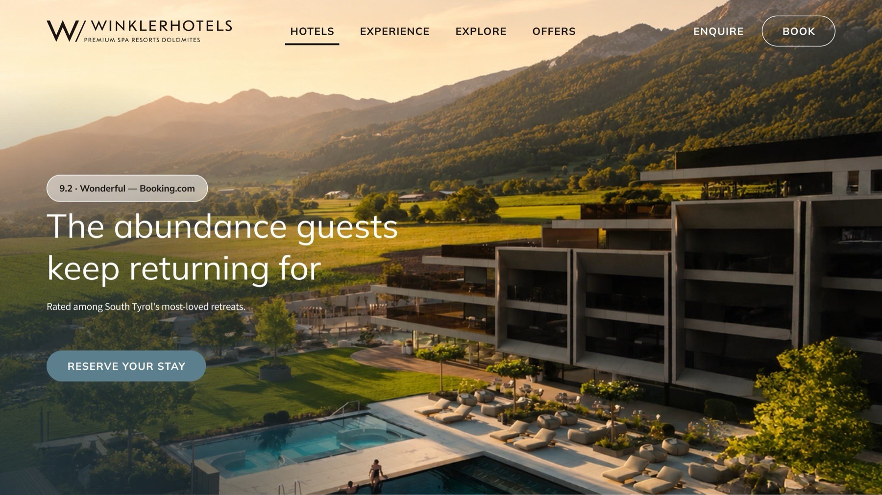 Hero variant C, Social Proof Driven: a 9.2 Wonderful Booking.com badge above the fold, the headline 'The abundance guests keep returning for' and a 'Reserve your stay' call to action