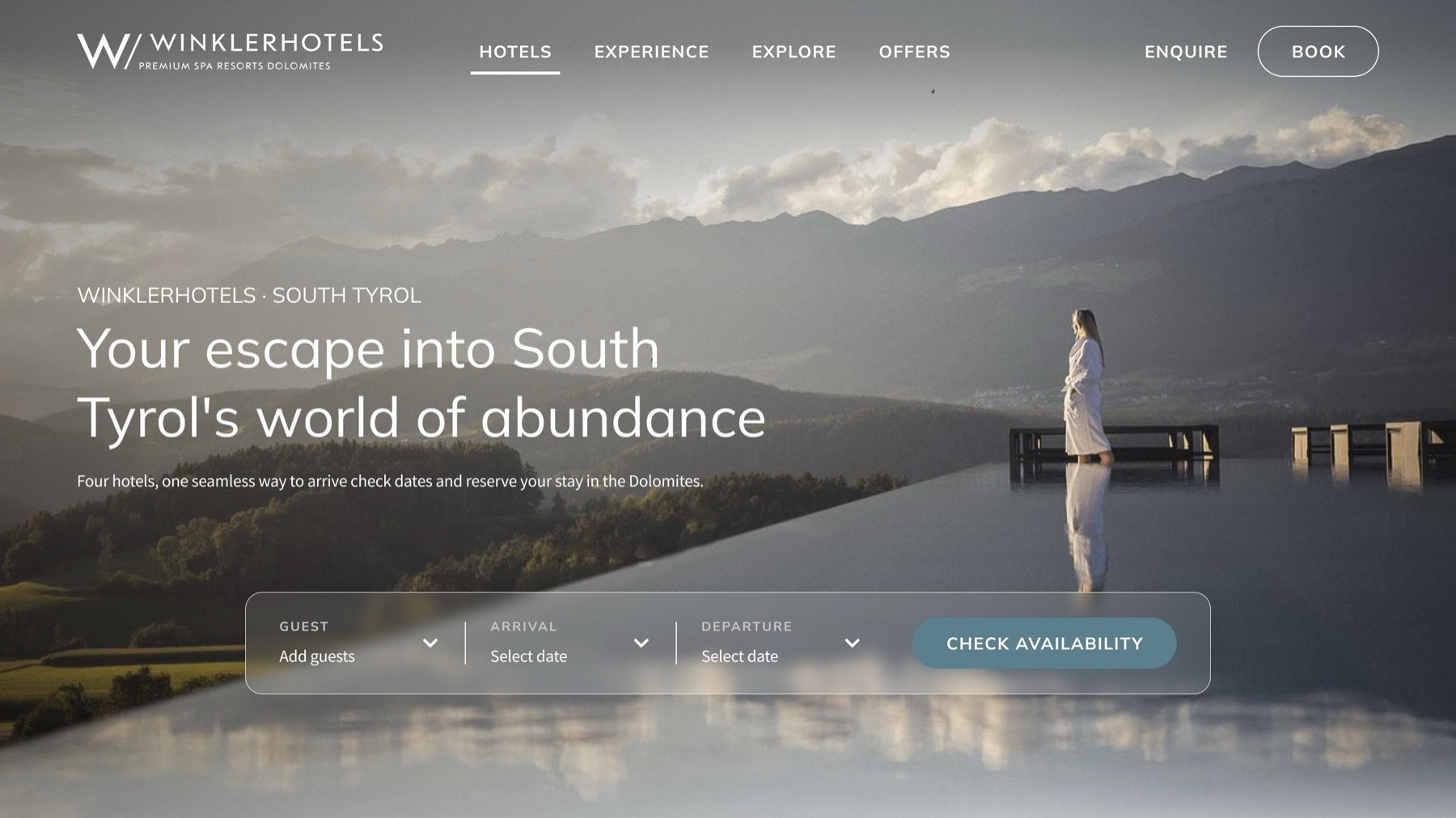 The Winkler Hotels landing page concept — one hotel, one headline, a check-availability bar as the only next step.