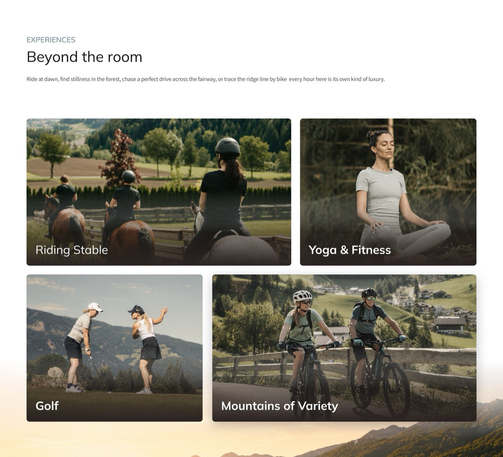 Experiences section: 'Beyond the room', four cards — Riding Stable, Yoga & Fitness, Golf, and Mountains of Variety