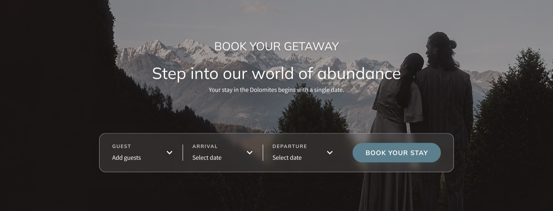 Final call to action: 'Book your getaway — Step into our world of abundance', with a full-bleed booking bar for guests, arrival and departure