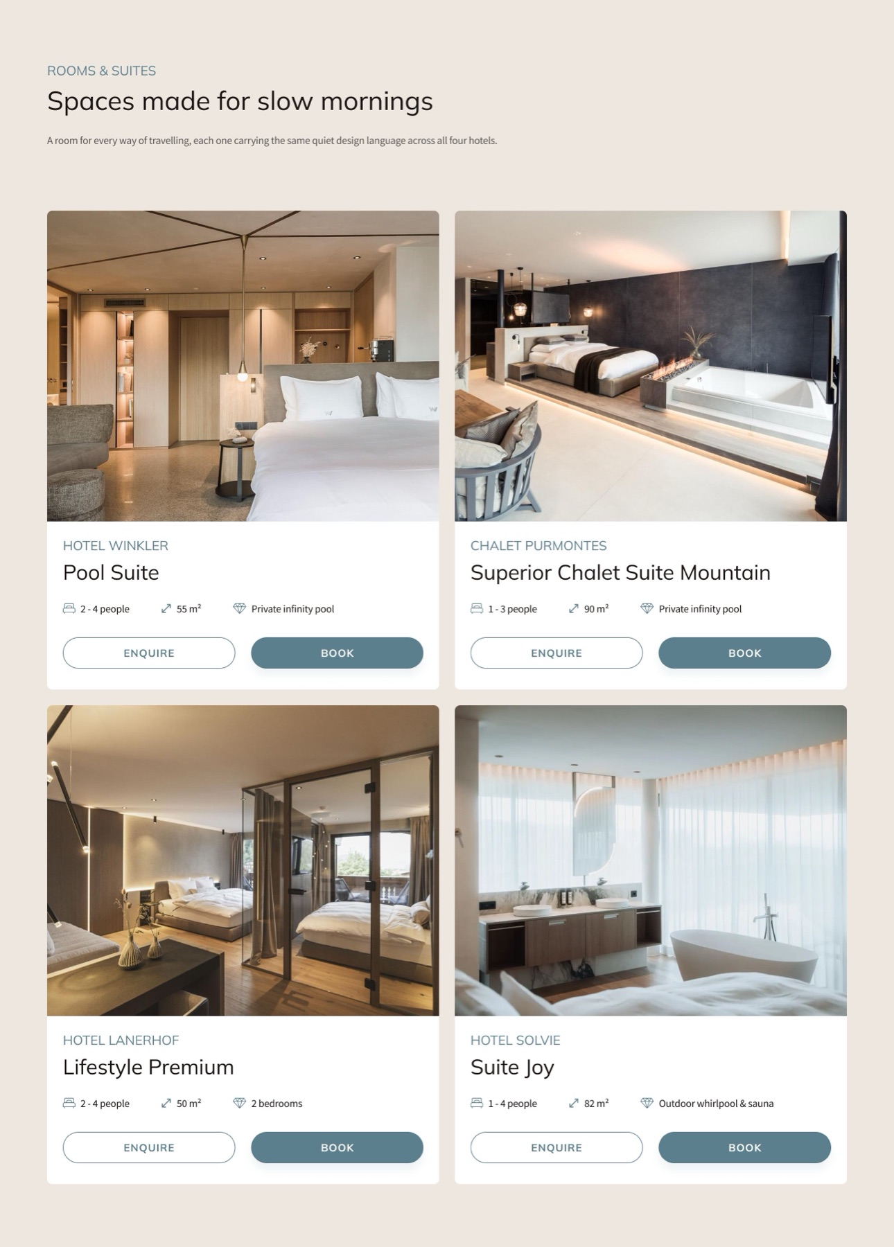 Rooms and Suites section: 'Spaces made for slow mornings', four room cards — Pool Suite, Superior Chalet Suite Mountain, Lifestyle Premium and Suite Joy — each with its own call to action