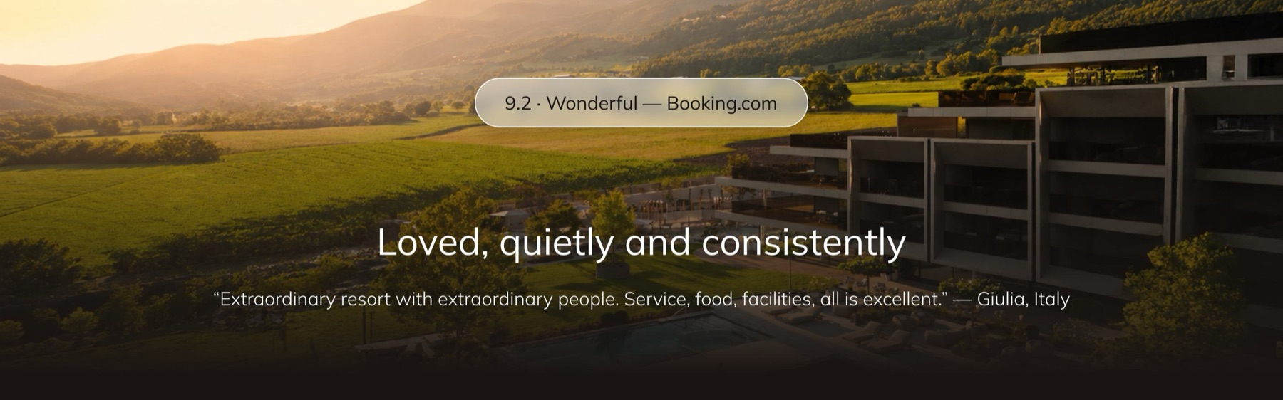 Social proof section: a 9.2 Wonderful Booking.com badge, the line 'Loved, quietly and consistently', and a guest quote from Giulia, Italy