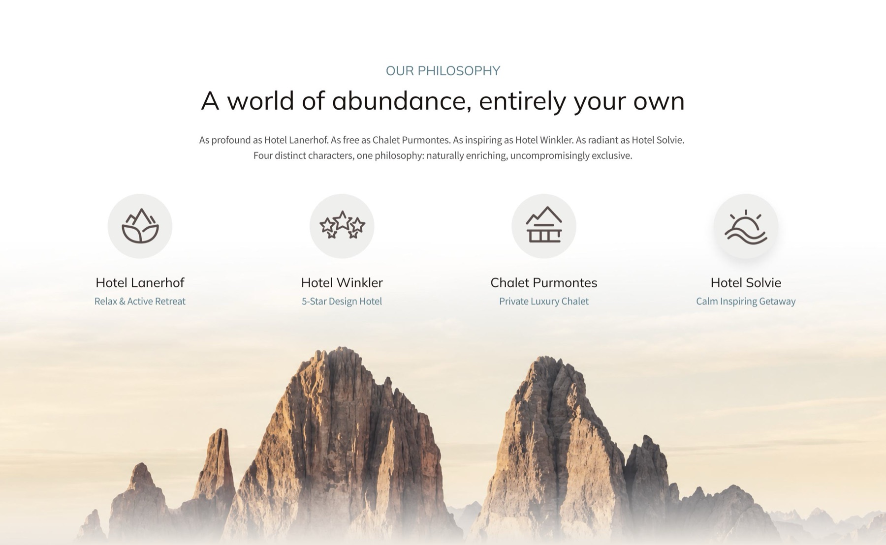 Value proposition section: 'Our Philosophy — A world of abundance, entirely your own', with Lanerhof, Winkler, Purmontes and Solvie each described in one line